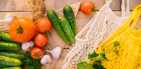 Reusable shopping bag, string bag made of recycled materials, on a wooden table among fresh vegetables. No plastic. Eco-friendly lifestyle.の写真素材