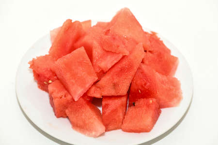 Watermelon fruit cube slices served in a bowl. selective focus