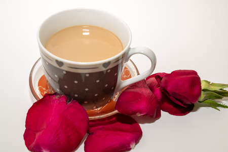 A cup of tea and cupcakes for breakfastの写真素材
