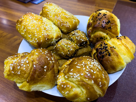 Fresh Baked Croissant, Homemade pastry with sesame.の写真素材