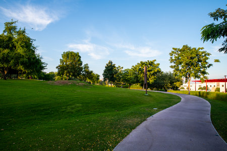 Landscape of a garden with a blue sky in the village of Katara, Doha, Qatar.の写真素材