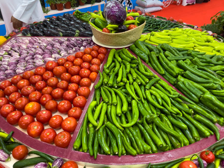 Variety of vegetables in a market stall. Fresh vegetables for sale.の写真素材