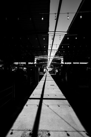 Interior of a shopping mall in Bangkok, Thailand. Black and white.