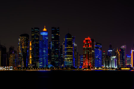 Skyscrapers of downtown Doha at night, Qatar