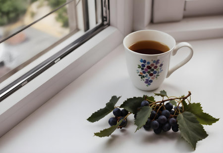 Cup of tea with bunch of grapes on windowsill, closeupの素材