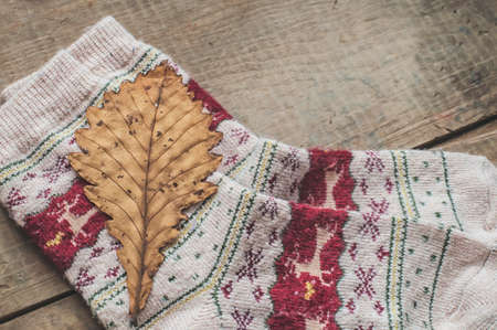 Knitted woolen warm socks and dry yellow oak leaf on wooden backgroundの写真素材