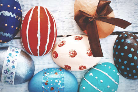 easter eggs decoration on wooden backgroundの写真素材