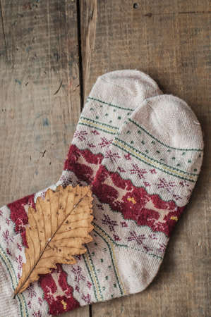 Knitted woolen warm socks and dry yellow oak leaf on wooden backgroundの写真素材
