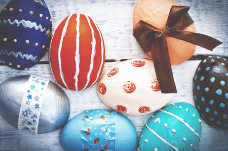 easter eggs decoration on wooden backgroundの写真素材