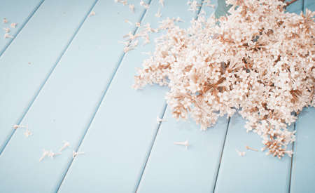 Summer bouquet of blooming lilac on blue wooden floorの写真素材