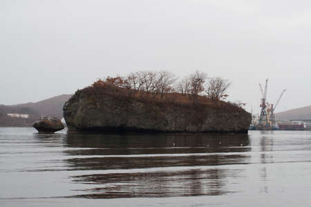 stone island with trees on cloudy skies backgroundの写真素材