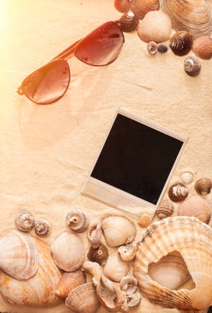 sea shells, sundglasses and instant picture on a sandの写真素材
