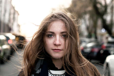 woman is walking on the street in the cityの写真素材