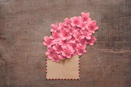 Wild flowers in the vintage envelope on wooden backgroundの写真素材