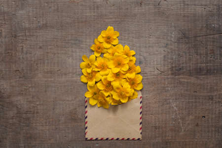 beautiful flowers in the vintage envelope on old wooden tableの写真素材