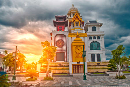 International wall clocks on the time temple in the amusement park, danang, vietnam