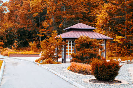 Traditional japan gazebo in red during autumn in the park.の写真素材