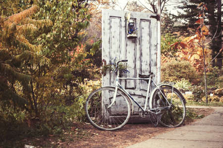 Decorative vintage bicycle with flowers in the parkの写真素材
