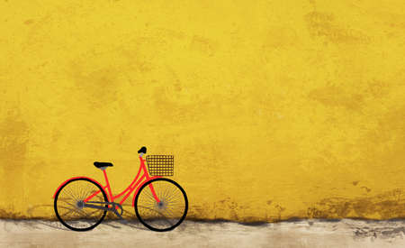 Red cartoon vintage walking bike  with a basket on yellow wall as a background/ illustration