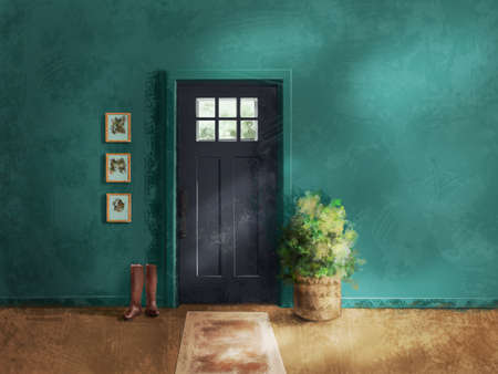 House green hall in rays of morning window light