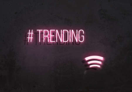 hashtag trending pink neon sign wordの写真素材