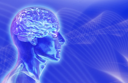 Glass male head with brain on blue の写真素材