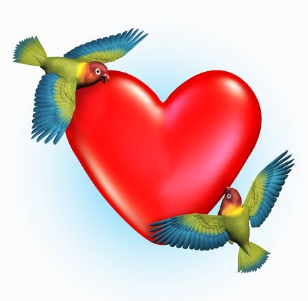 Two Lovebirds Near a Heart - 3D render.の写真素材