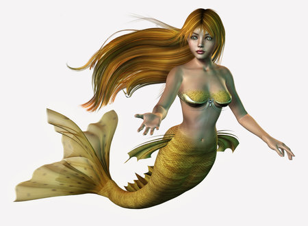 Gold Mermaid - 3D render of a mermaid with long, flowing hair.の写真素材