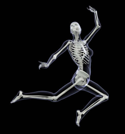 Skeleton in Motion - Woman Leaping - 3D render - Side Viewの写真素材