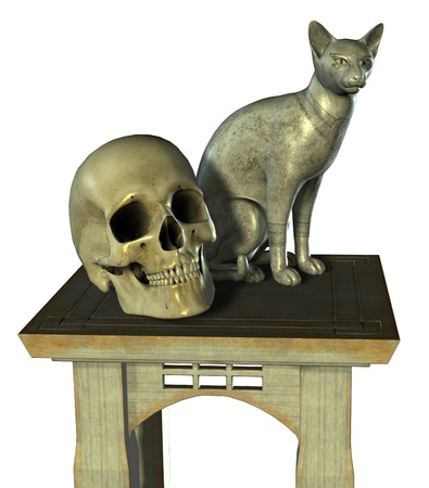 Still Life with Egyptian Cat Statue and Human Skull - 3D render - isolatedの写真素材