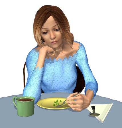Anorexia - A Tiny Meal - An underweight woman eats a very small meal because she is afraid of gaining weight. 3D renderの写真素材