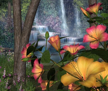 Hibiscus Flowers with Waterfalls - 3D renderの写真素材