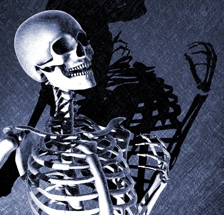 A lively skeleton with dramatic light and shadow - digitally manipulated 3d render.