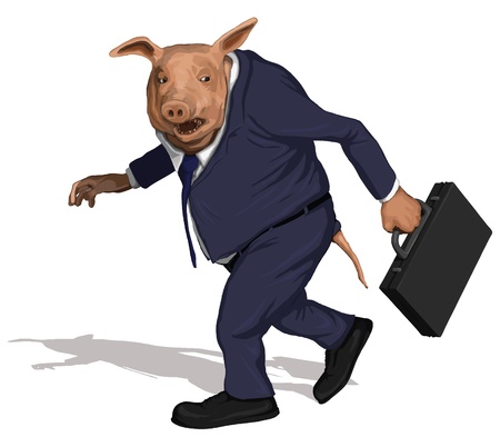 A pig dressed as a greedy corporate executive takes his bonus and walks away.のイラスト素材