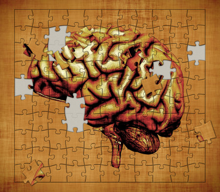A puzzle features the image of a human brain - depicts the mystery of human consciousness  Digitally...