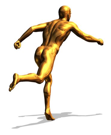 3D render depicting a golden man running, back view の写真素材