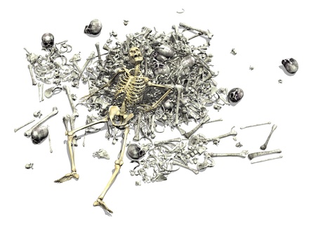 A pile of human bones with an intact skeleton on top - 3D render 