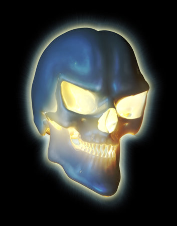 A demon skull radiates light from within - 3d render with digital painting.の写真素材