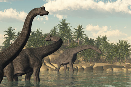 A prehistoric scene featuring 3 brachiosaurus dinosaurs - 3d render.の写真素材