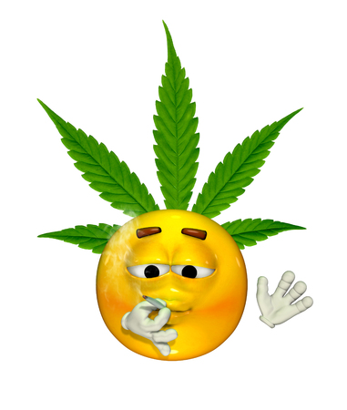 An emoticon enjoys puffing on a marijuana cigarette - 3d render with digital painting.の写真素材
