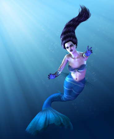 A demon mermaid rises from the ocean depths - 3d render.の写真素材