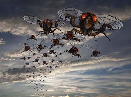 3d rendered cicada swarm, dramatic sky.の写真素材