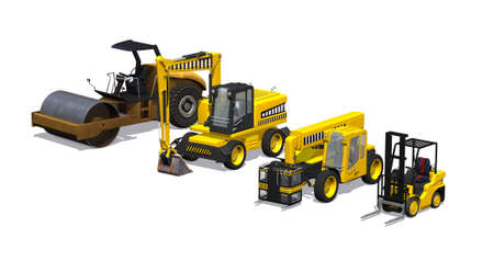 An assortment of heavy machinery including a road roller, excavator, telehandler and forklift - 3D...