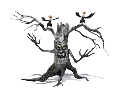 A creepy smiling tree with angry cartoon vultures - 3d render.