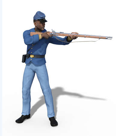An african American Civil War soldier aims his rifle - 3d render.の写真素材