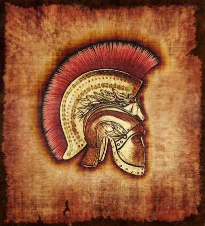An ancient Hopite Warrior helmet on parchment - 3d render with digital painting.の写真素材