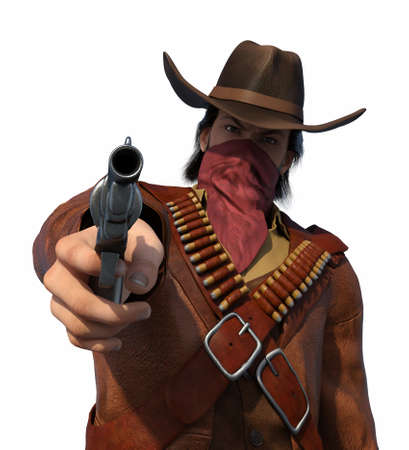 An old west outlaw is aiming his gun at you - 3d render.