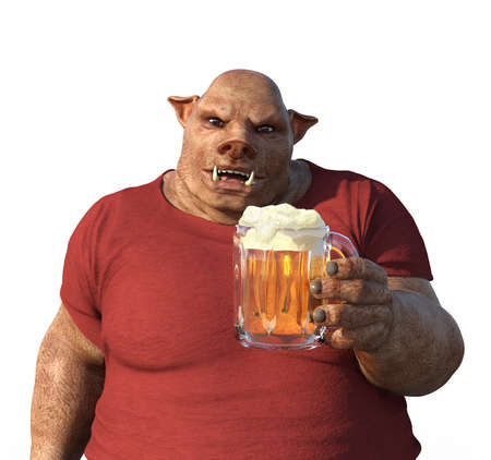 A man with a boar's head enjoys a a mug of beer - 3d render.の写真素材