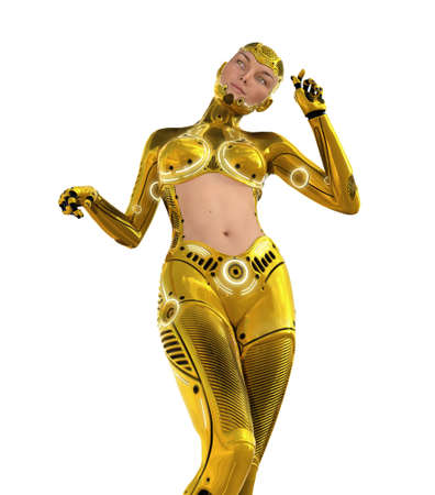 A beautiful golden cyborg, seen below - 3D render.の写真素材