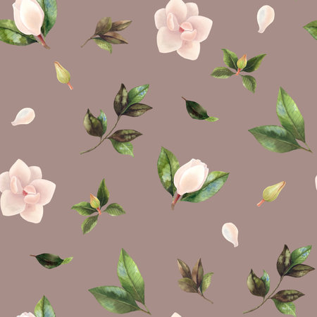 Watercolor pattern with magnolia flowers, green leaves and branches.の写真素材
